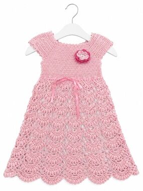 Handmade Pink Crochet Girls Dress w/ Flower Applique Lined Heirloom Lace Dress